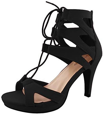 Top Moda Women's Pebble-2 Gladiator Lace Up Bootie Sandals, Black 7