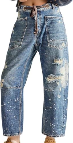 Pull-On Barrel Baggy Jeans Drawstring Ankle Baggy Jeans Elastic Waist Stretchy Denim Pants Calypso Blue M