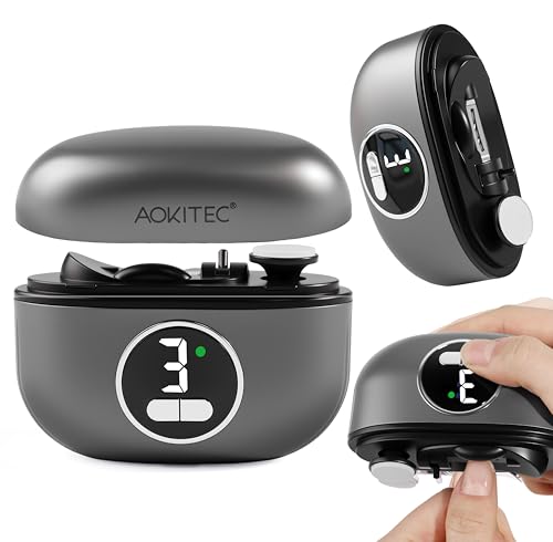Aokitec Elektrischer Nagelknipser mit doppeltem Sicherheitsklingendesign LED-Licht 3-Speed 2-in-1 Nagelschneider Elektrische Nagelfeile 100% Hautsicher für Senioren & schwachen Griff Grau