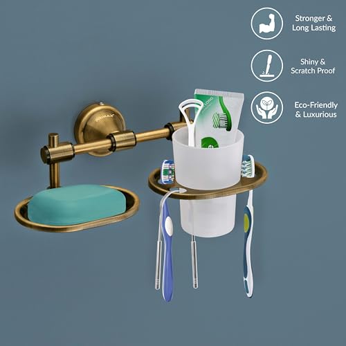 Image of Plantex (Primax) Niko Stainless Steel 304 Grade 2in1 Soap Dish with Tumbler Holder /Soap Stand /Tooth Brush Holder /Bathroom Accessories (Brass Antique)