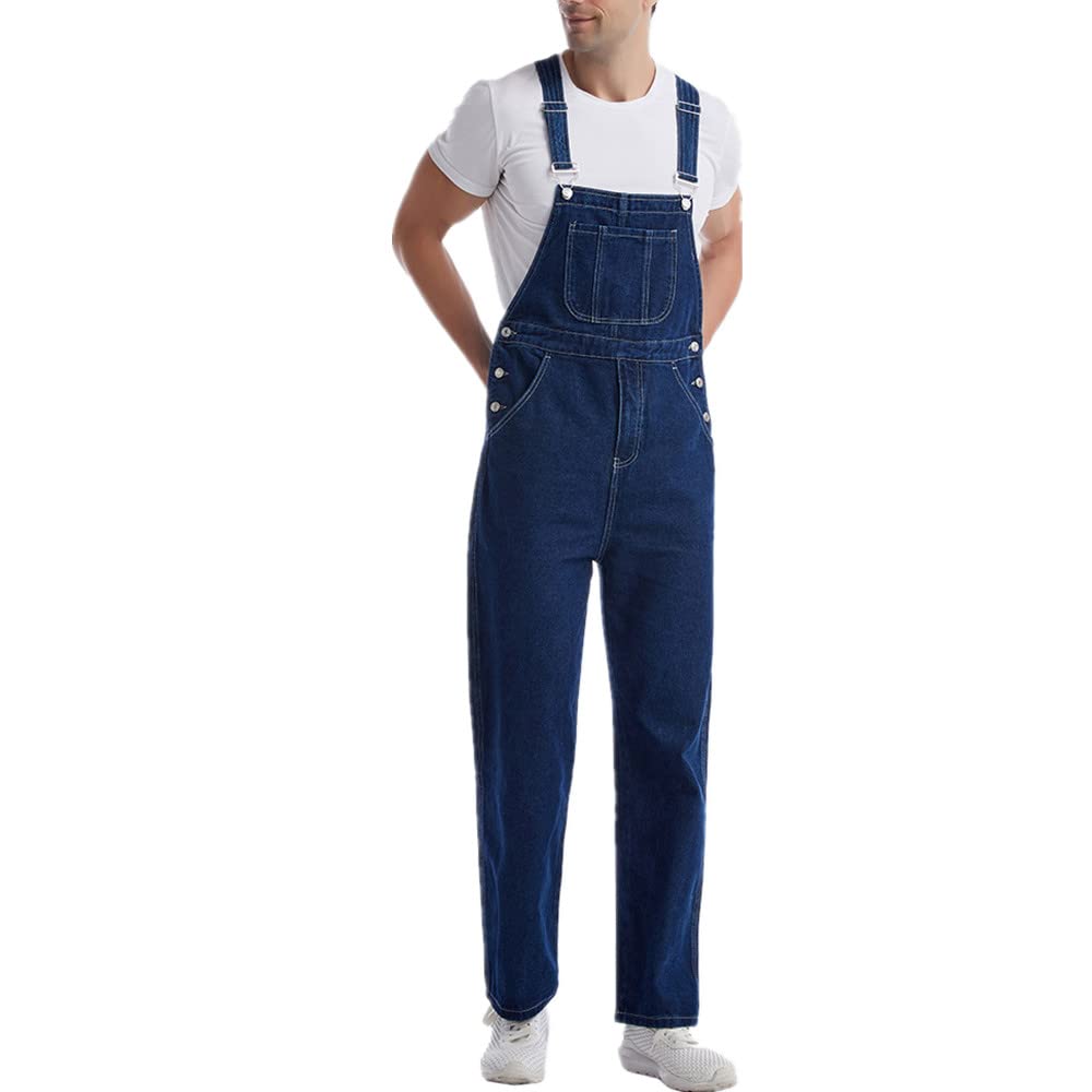 Enen Men's Dark Blue Denim Work Overalls Bib And Brace Dungaree Overalls Trousers Casual Retro Combat Cargo Bib Overalls Jeans Jumpsuits Multi Pocket Workwear Trousers