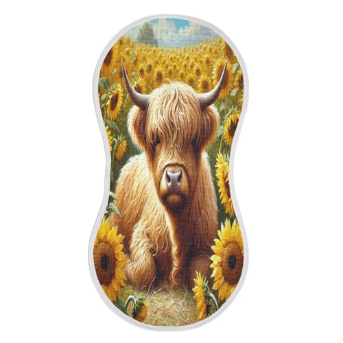 Highland Cow Yellow Sunflowers Baby Burp Cloths Cotton Burp Clothes Absorbent Muslin Burp Cloths Soft Burp Cloth Rags for Newborn Girl Unisex Boy 1 Pack 22x11 Inches