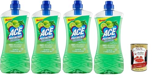 ACE Pavimenti - Limpiador de suelos higiénico, lima y menta, sin lejía, limpia a fondo y aporta brillo a los suelos, 4 unidades de 1 litro + Polpa italiana Gourmet 400 g