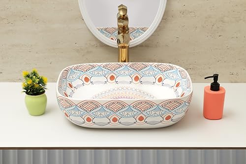 Image of Moroccan Design Ceramic Tabletop Wash Basin | Countertop Vessel Sink | Wash Basin over counter For Bathroom Hotel Home (18x13x5.5 Inch) (TORO 4014) (Moroccan Design 114)