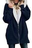 Yanekop Women Oversized Sherpa Jackets Fuzzy Fleece Hoodies Zip Up Outerwear Coat with Pockets(Navy
