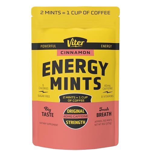 Image of Viter Energy 40mg Caffeine Mints - Sugar Free, B Vitamins, Vegan, Boosts Fast Energized Alert Focus, Caffeinated Nootropic Supplement Pills (Cinnamon Flavor, 8oz, Bulk Bag)