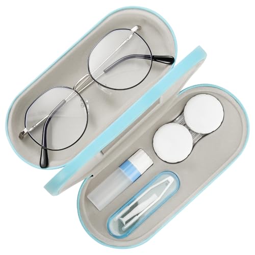 Image of MoKo Double Eyeglass Case, Contact Lens Case with Mirror Tweezers Remover, 2 in 1 Double Sided Portable Contact Lens Box Holder Container Soak Storage Kit Sunglasses Pouch for Men & Women, Light Blue