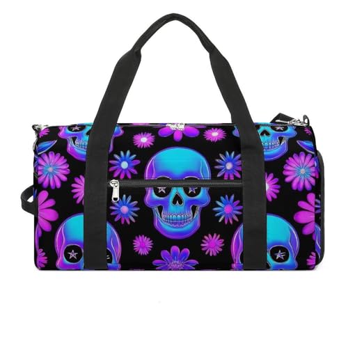 Men's Large Sport Duffle Bag Travel Weekender Bags Beach Overnight Luggage Bag Neon Purple Flowers Floral Skull