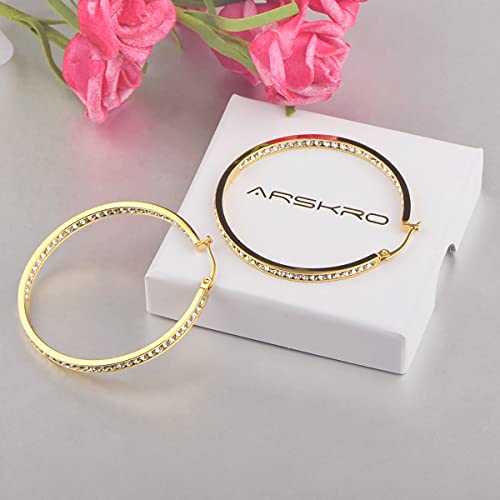 Large Gold Stainless Steel Hoop Earrings For Women, Big Cubic Zirconia Hoops Earring Arskro Hypoallergenic Huge Rhinestone Crystal Basketball 50Mm 2 Inch Ear Ring Jewelry Gifts For Women Girls Sensitive Ears 2" #TOP6