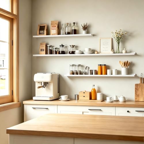 Image of White Floating Shelves for Wall Decor, 32 in Shelf with Lip Set of 2 | 4.5 inch Deep Display Picture Ledge Shelf, Long Wall Mounted Storage Shelves for Bedroom, Bathroom, Living Room, Kitchen, Nursery