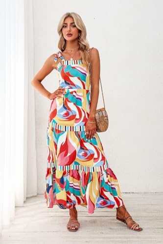 Image of AlvaQ Women Summer High Waist Long Maxi Dress Spaghetti Strap Swing Sun Dress Multicolor Medium