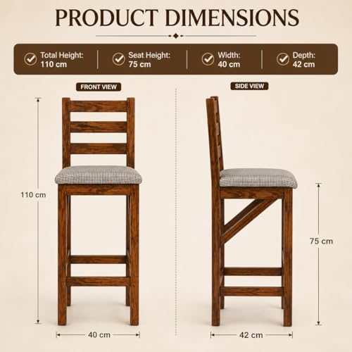 Image of Solid Sheesham Wood Bar Stool Chair, Teak Finish