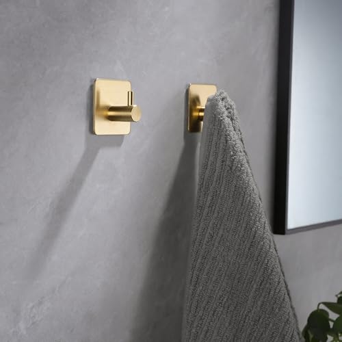 YIGII Adhesive Hooks, 4 Pack Stainless Steel Towel Hooks Heavy Duty, Sticky Wall Hook for Hanging Robe, Coat, Clothes, Waterproof (Gold)