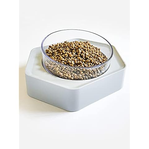 BSPOILED Pet Bowl, Cat Dog Water Bowls, Single Hexagon Pet Bowl White with Slanted Ergonomic Bowl Non Slip Easy to Wipe Clean Pet Bowl, Single Pet Feeder With Stand Raised (grey) Cover