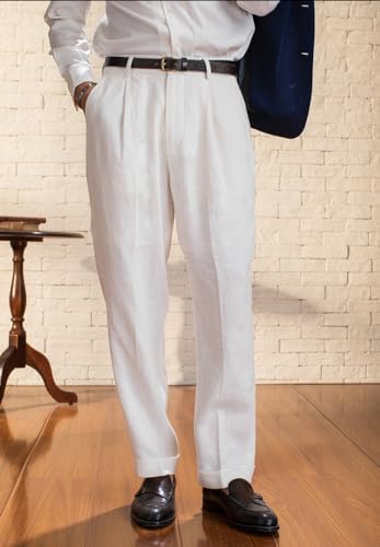 Vintage Men's Linen Blend Dress Pants Flat Front Breathable Fabric Lightweight Durable Summer Dress Long Pants2