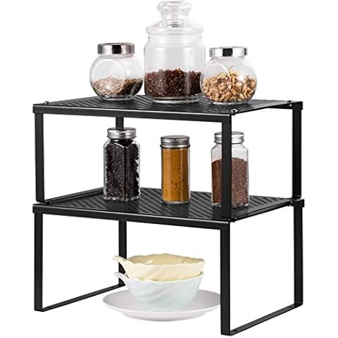 HAITRAL Shelf Insert in Kitchen Cupboard Expandable Stackable Organizer in Cabinet Counter-Tops Storage Space Solution for Spices,Jars,Herbs (Black) Cover