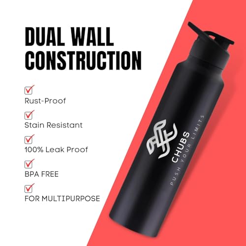 Image of CHUBS Gloss Edition Gym Steel Shaker Mixer 1000 ml Shaker Sports Water Bottles 1 Litre Water Bottle for Men Leakproof, Rust free-1000 ml Steel Water Bottle Black