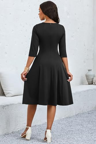 Image of CLOCOR Casual Midi Dresses for Women A-Line Fit and Flare Elegant Church 3 /4 Sleeve Crew Neck Dress with Pocket