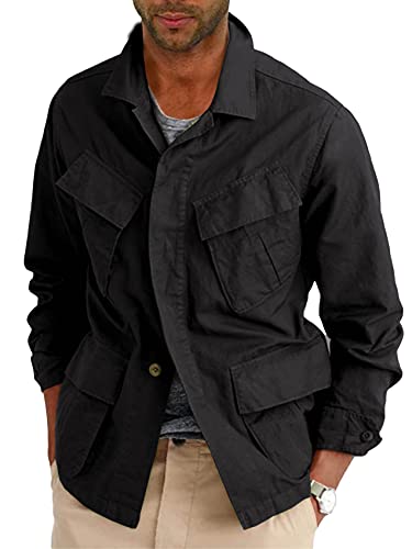 Runcati Leichte Safari-Jacke für Herren, Baumwolle, mit Knopfleiste, Outdoor, Militär, Cargo-Oberbekleidung, Schwarz, L