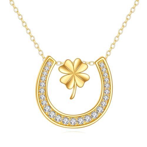 DOVRAN 14K Solid Gold Horseshoe Necklace for Women Real Yellow Gold Clover Pendant Good Luck Jewelry Birthday Gifts for Wife Mom Friends