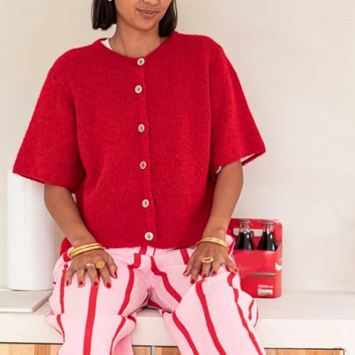 Image of Womens Button Up Short Sleeve Cardigans Sweater Cropped Lightweight Round Neck Elegant Knit Tops with Pockets