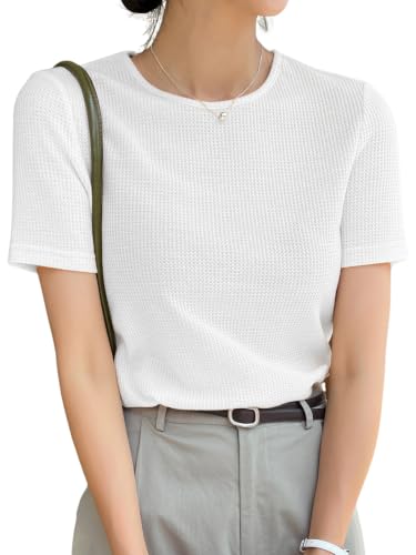 Image of Leriya Fashion Women's Waffle Knit T-Shirt - Short Sleeve Lightweight Summer Top| Soft Breathable Crew Neck Casual Tee for Office, Travel, Vacation & Daily