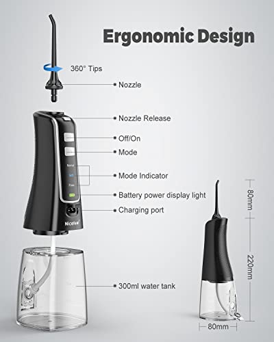 Nicefeel Cordless and Rechargeable Water Flosser - 300ML Water Tank Oral Irrigator, 4 Jet Tips, 3 Pressure Modes - IPX7 Waterproof and Travel Friendly for Dental Care