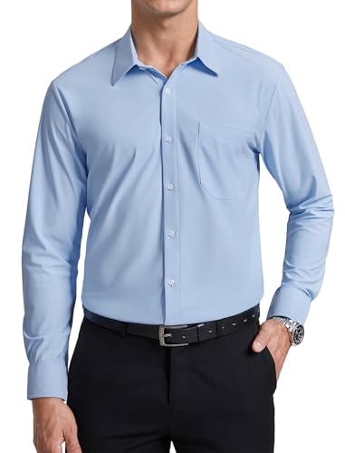 Enlision Camisa Azul Hombre Manga Larga Sin Plancha Stretch Ajuste Regular Negocios Oficina Formal Cuello con Botones Camisas Vestir Hombre con Bolsillo Azul Claro 4XL