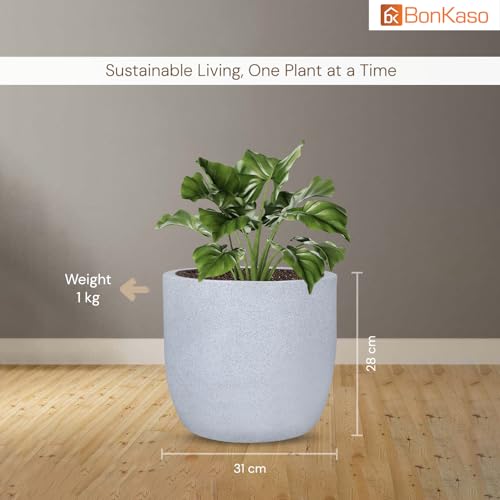 Image of BonKaso 12 inch White Pot - Tall, Durable & Lightweight Polymer Jaguar Round Planter for Indoor & Outdoor Use: Home, Office, Garden & Balcony (Gamla /Gamale)