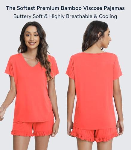 Image of WiWi Womens Pajamas Set Bamboo Viscose Super Soft Short Sleeve Top Ruffle Shorts Sleepwear Cooling Pj Sets S-XXL