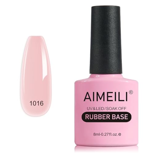 AIMEILI Base Rubber Gel, Cura UV/LED Autonivelante para Uñas Reforzador de Uñas Flexible con Brillo Pegamento para Rhinestones Gelatina Gel Base y Builder 5 en 1, 1016