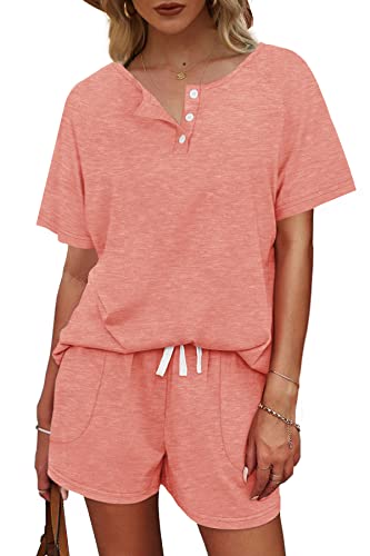 Image of WIHOLL Two Piece Outfits for Women Lounge Sets Button Down Top and Shorts Set Sweatsuits with Pockets