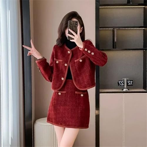 Women's Spring Short Jacket Skirt Two-Piece Elegant Look Origin Suits Red Thin Coat Skirt Suit L3