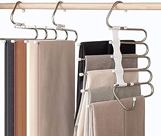 2Pack 4Pack Trouser Hanger Space Saving 5 In 1 Stainless Steel Magic Pants Hangers Space Saver for Trousers Jeans Scarves Wardrobe Closet Organizer (2 Packs)