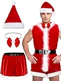 4 Pcs Christmas Men's Santa Claus Costume Santa Hat Boxer Velvet Shorts Waistcoat and Bow Tie for Xmas Party(Large)