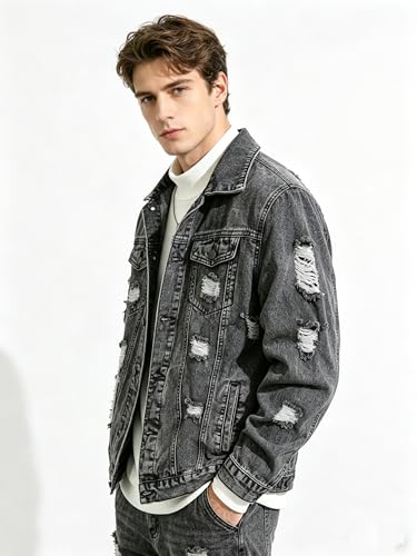 Image of Men's Denim Jacket Patchwork Fringe Jacket Slim Jean Jacket Streetwear Coat
