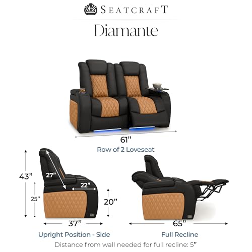 Image of Seatcraft Diamante Black /Tan Oak Italian Leather Home Theater Seating, Zero Gravity Power Recliner, Gaming and Home Office Chair, Powered Headrest Furniture for Cinema Room, Row of 2 Loveseats