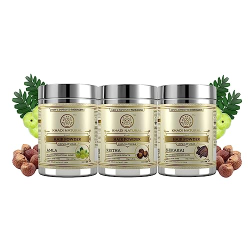 Khadi Natural Hair Care Combo | Amla, Reetha & Shikakai Powders | Pure & Natural Solution | Provides Strong, Beautiful Hair - 1 Count Each(1x3), Normal