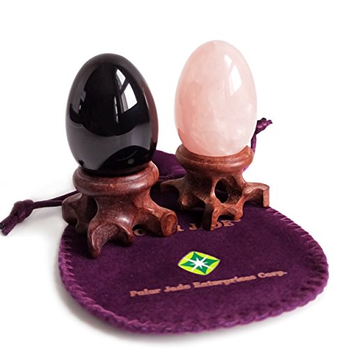 Quartz rose authentique œuf de méditation et sphère obsidienne avec support