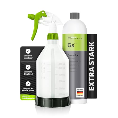 Green Star Set: Koch Chemie Green Star Universalreiniger 1L + 360 Sprühflasche 500ml mit Canyon Trigger | flexibel auch über Kopf sprühen sofort startklar zum Reinigen | 2-teilig