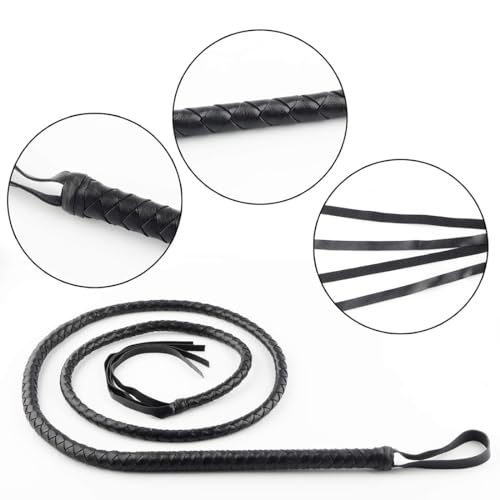 TNSRAY Schwarze Echtlederpeitsche, 1,9 m lang, Reitpeitsche, Indiana Jones Style Bullenpeitsche, Schwarze echte Lederpeitsche, Spielpeitsche für Schlafzimmer, BDSM-Spielpeitsche