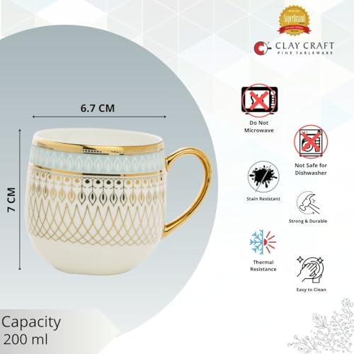 Image of Clay Craft Fine Ceramic Tea & Coffee Cups Set of 6| 200 Ml Designer Cups with Gold Handle & Elegant Pattern | Ideal for Home| Guests & Gifting
