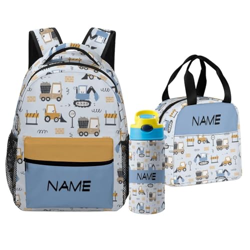 Custom Kids Backpack Set Personalized Name Text Cartoon Car Truck Backpack with Lunch Box Kids Water Bottle Customized Set of 3 School Bookbag