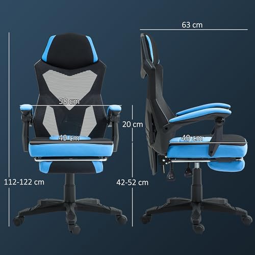 Sedia da gioco girevole a rete, sedia da gamer con poggiapiedi retrattile, schienale reclinabile e alto, altezza regolabile, braccioli imbottiti, blu - Sedia gaming - Immagine 2