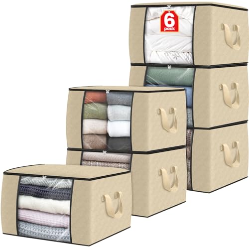 Fab totes 6 Pack Clothes Storage, Foldable Thick Fabric Blanket Storage Bags, Containers for Organizing Bedroom, Closet, Clothing, Comforter, Organization with Handle,Beige