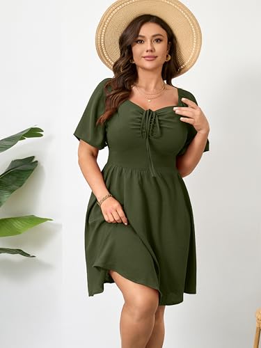 Image of RWJ Women Plus Size Summer Dress Short Sleeve Tie Front Sweetheart Neck Casual Mini Wedding Guest Dresses 2025