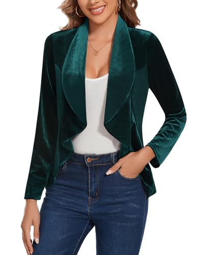 LADI TREND Blazer de terciopelo para mujer, manga larga con volantes, cierre de un botón, medio forro para reuniones de oficina y reuniones sociales, Gn-verde oscuro, M