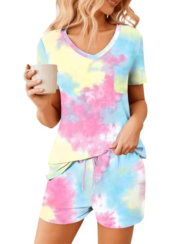 Image of Ekouaer Womens Pajama Sets Short Sleeve Pajamas for Women Sets Soft Lounge Sets Casual V Neck Sleepwear PJS