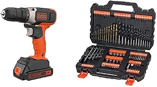 BLACK+DECKER 18 V Cordless Drill Driver with 10 Torque Settings, 1.5 Ah Lithium-Ion Battery, BCD001C1-GB & BLACK + DECKER Mixed Drilling and Screwdriving Set A7200-XJ
