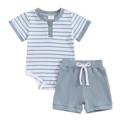Newborn Baby Boy Girl Clothes Set Ribbed Short Sleeve Striped Romper Top Solid Color Shorts Sets 2Pcs Summer Outfits